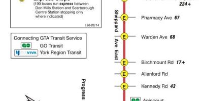 Χάρτης της TTC 190 Scarborough Centre Πυραύλων δρομολόγιο Τορόντο