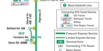 Χάρτης της TTC 191 Highway 27 Πυραύλων δρομολόγιο Τορόντο