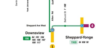 Χάρτης της TTC 196 York University Πυραύλων δρομολόγιο Τορόντο