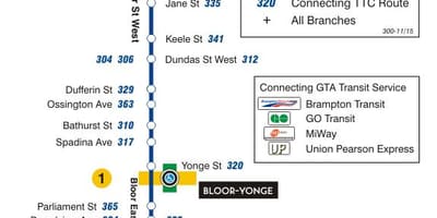 Χάρτης της TTC 300A Bloor-Danforth δρομολόγιο Τορόντο