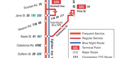 Χάρτης της TTC 32 Eglinton West δρομολόγιο Τορόντο