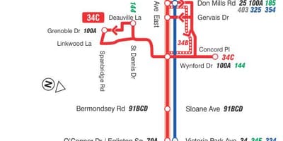Χάρτης της TTC 34 Eglinton Ανατολική διαδρομή του λεωφορείου Τορόντο