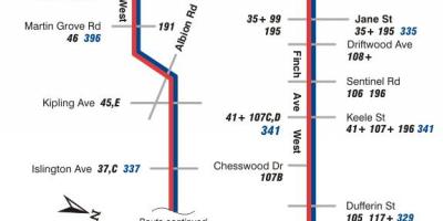 Χάρτης της TTC 36 Φιντς Δυτική διαδρομή του λεωφορείου Τορόντο