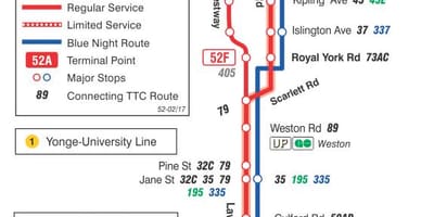 Χάρτης της TTC 52 Lawrence West δρομολόγιο Τορόντο