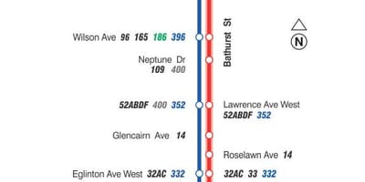 Χάρτης της TTC 7 Bathurst δρομολόγιο Τορόντο